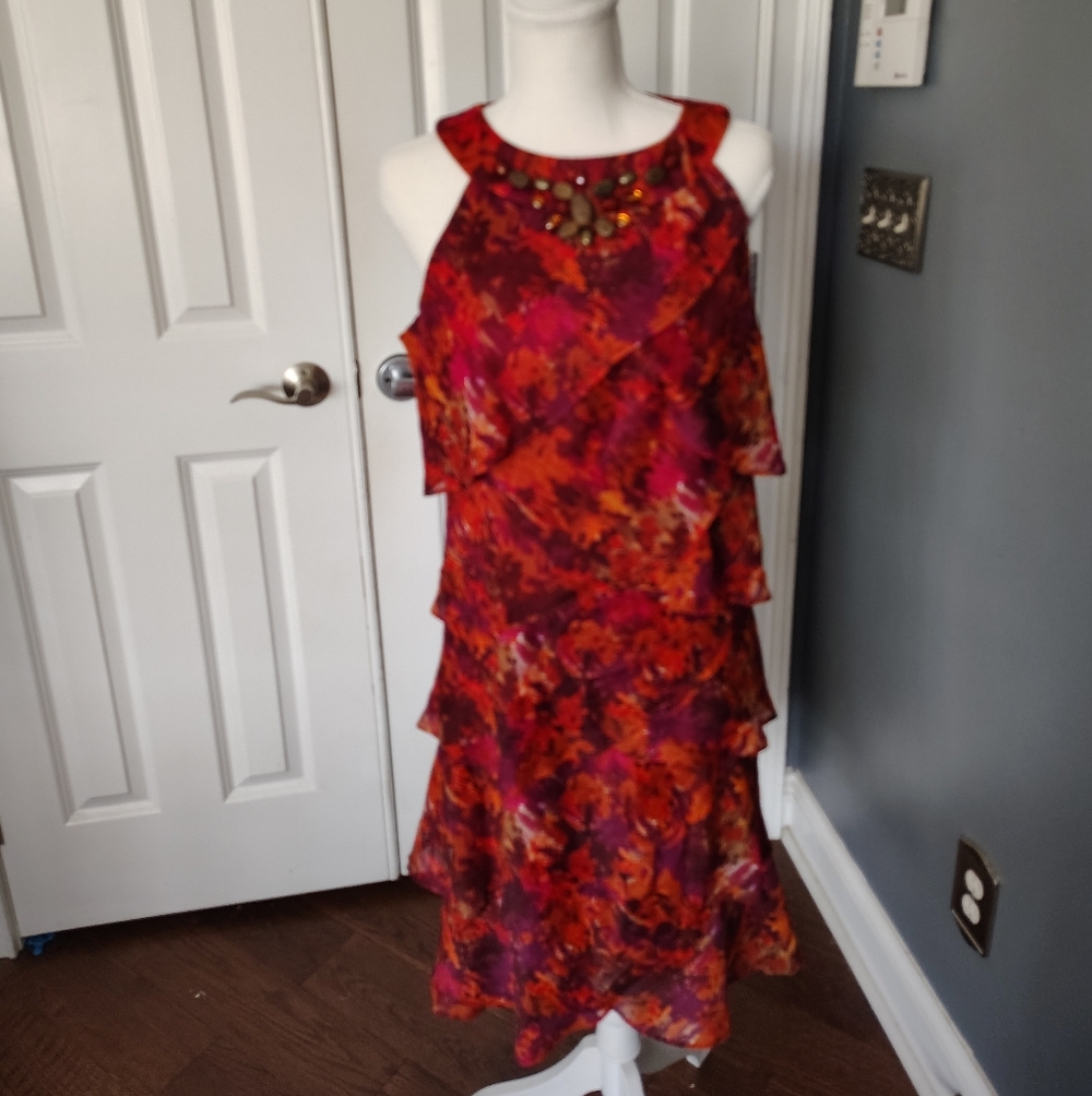 Jessica Howard Red and Pink Floral Tiered Midi Dress with Embellished Neckline